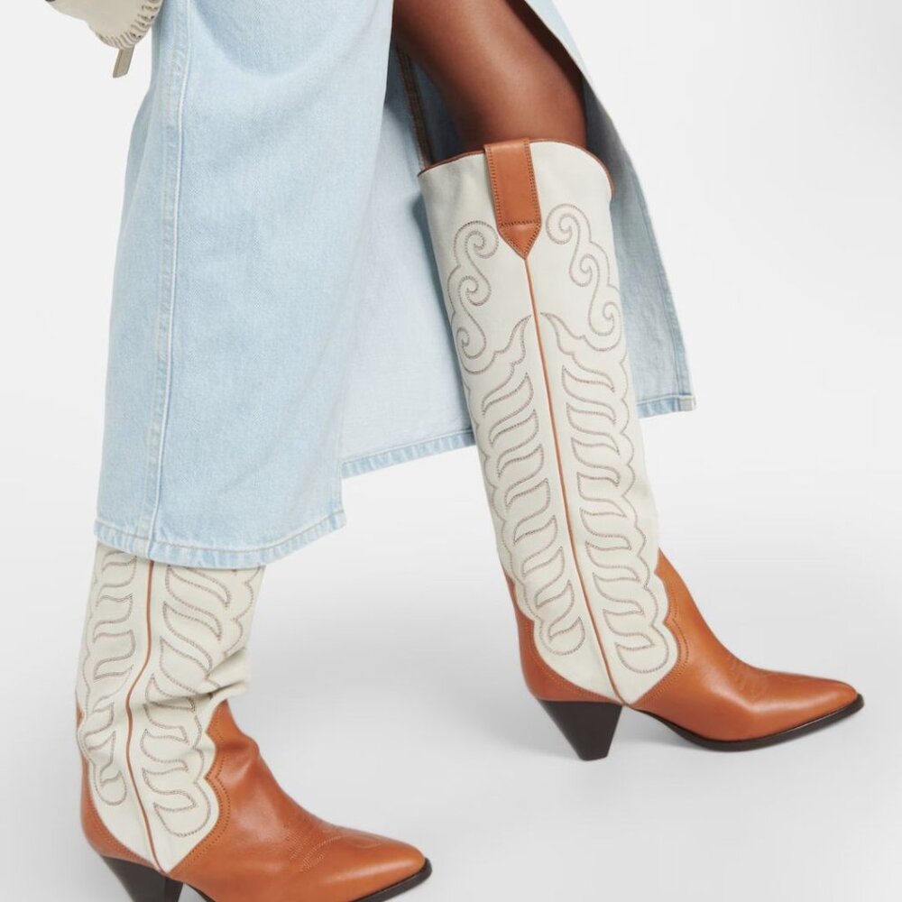 Isabel Marant Two-Tone Tan and Cream Western Knee-High Heeled Boots - Picture 6 of 6